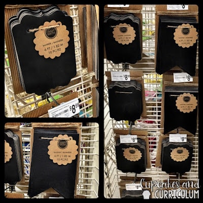 Chalkboard banner flags hanging on display at Michaels for classroom bulletin board headers