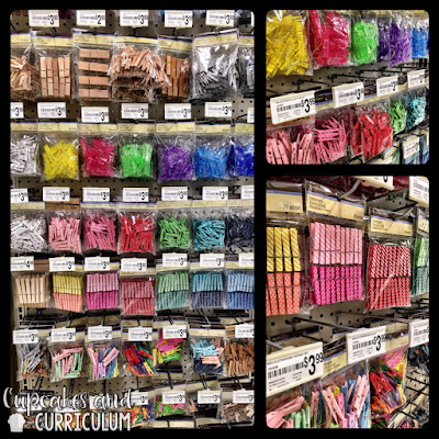 Multi-colored clothespins in various sizes at Michaels for classroom clip charts and crafts
