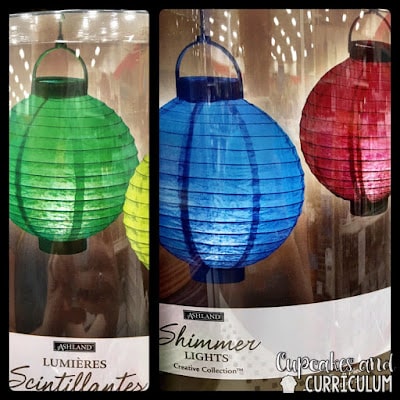 Paper lanterns in assorted colors hanging on display at Michaels for classroom ceiling decor
