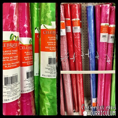 Colorful plastic table cover rolls at Michaels used as classroom bulletin board paper