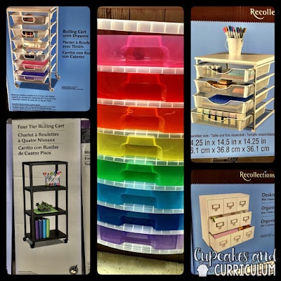 Silver rolling drawer cart and desktop drawer organizers from Michaels for teacher classroom organization