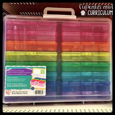 Color-coded small storage bins inside a larger box at Michaels, perfect for task card organization