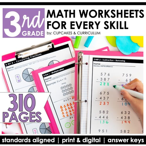 Third Grade Math Worksheets for Multiplication, Division, Rounding, Place Value